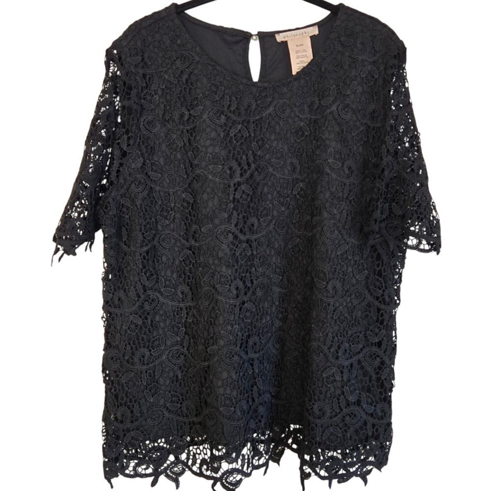 Philosophy Romantic Chic Black Lace Floral Short Sleeve Scalloped Hem Women’s XL